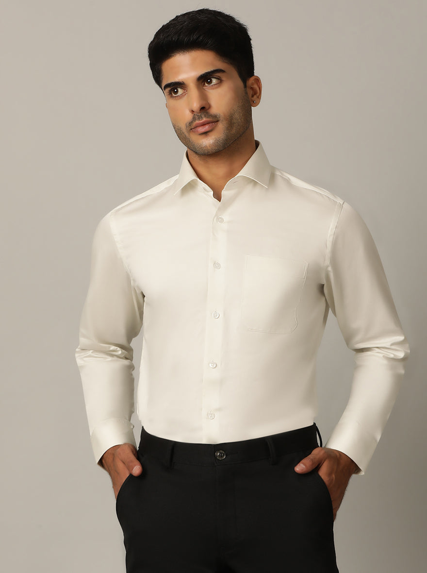 Off White Solid Slim Fit Formal Shirt | Metal