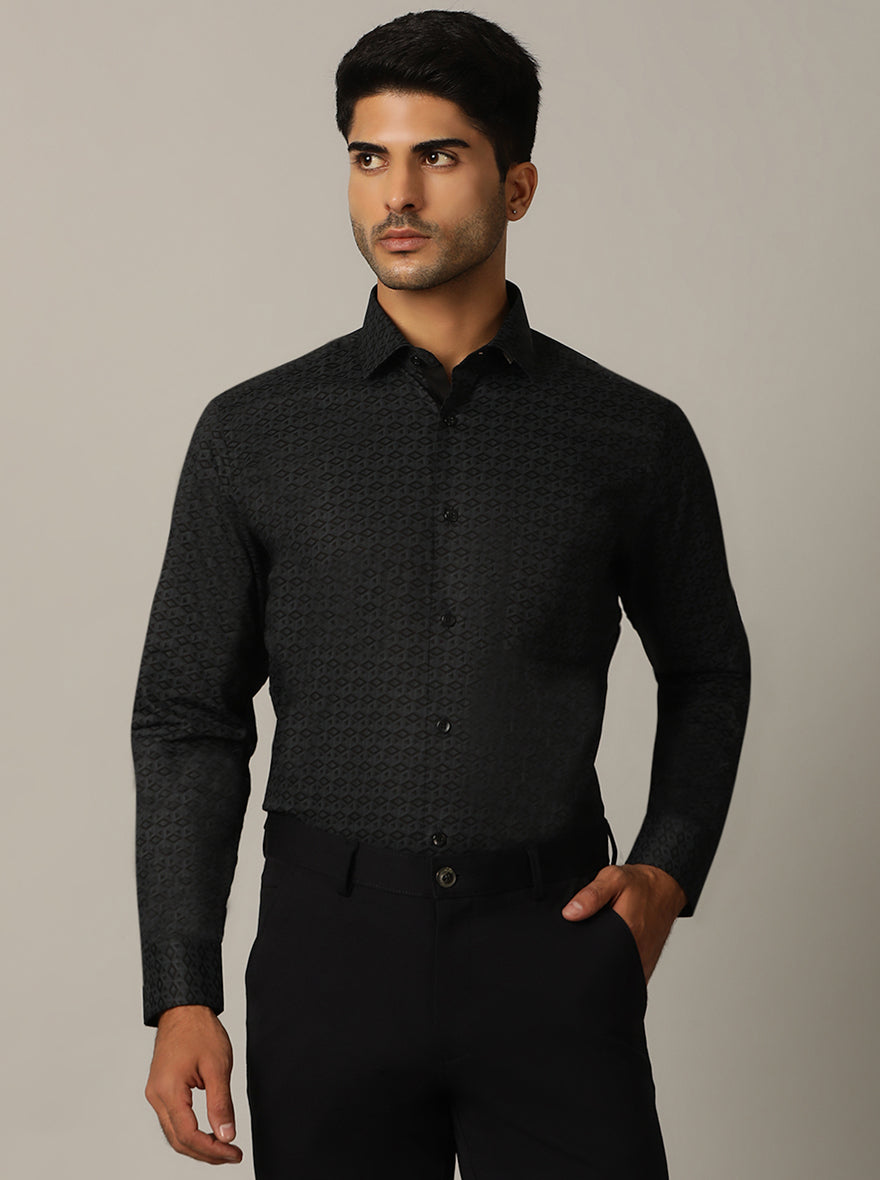 Navy Blue Printed Slim Fit Formal Shirt | Metal