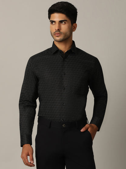 Navy Blue Printed Slim Fit Formal Shirt | Metal