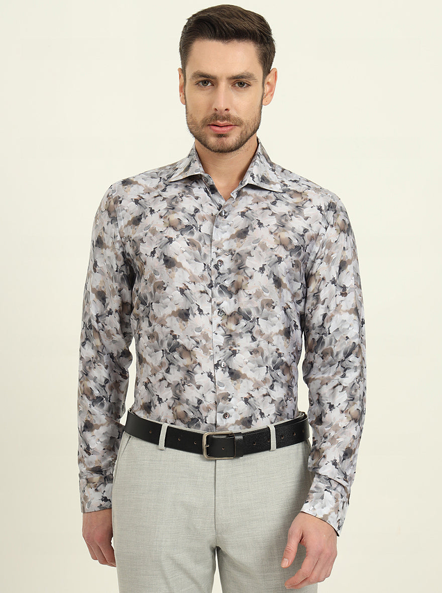 Brown & Grey Printed Slim Fit Party Wear Shirt | JadeBlue Super Luxe