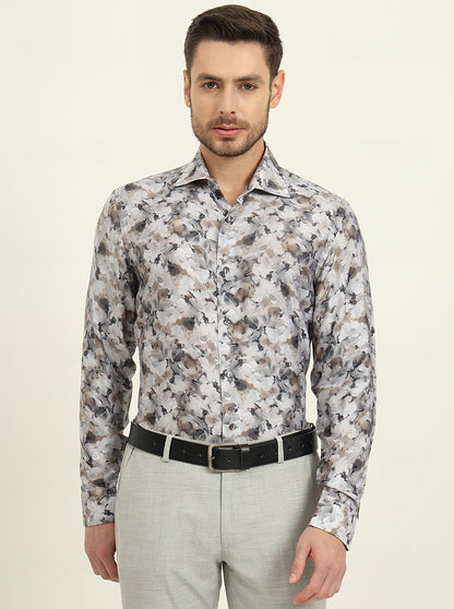 Brown & Grey Printed Slim Fit Party Wear Shirt | JadeBlue Super Luxe