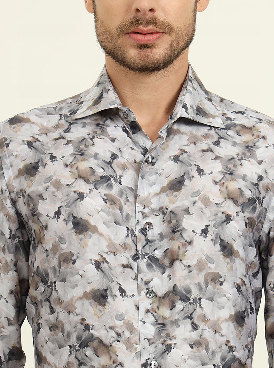 Brown & Grey Printed Slim Fit Party Wear Shirt | JadeBlue Super Luxe