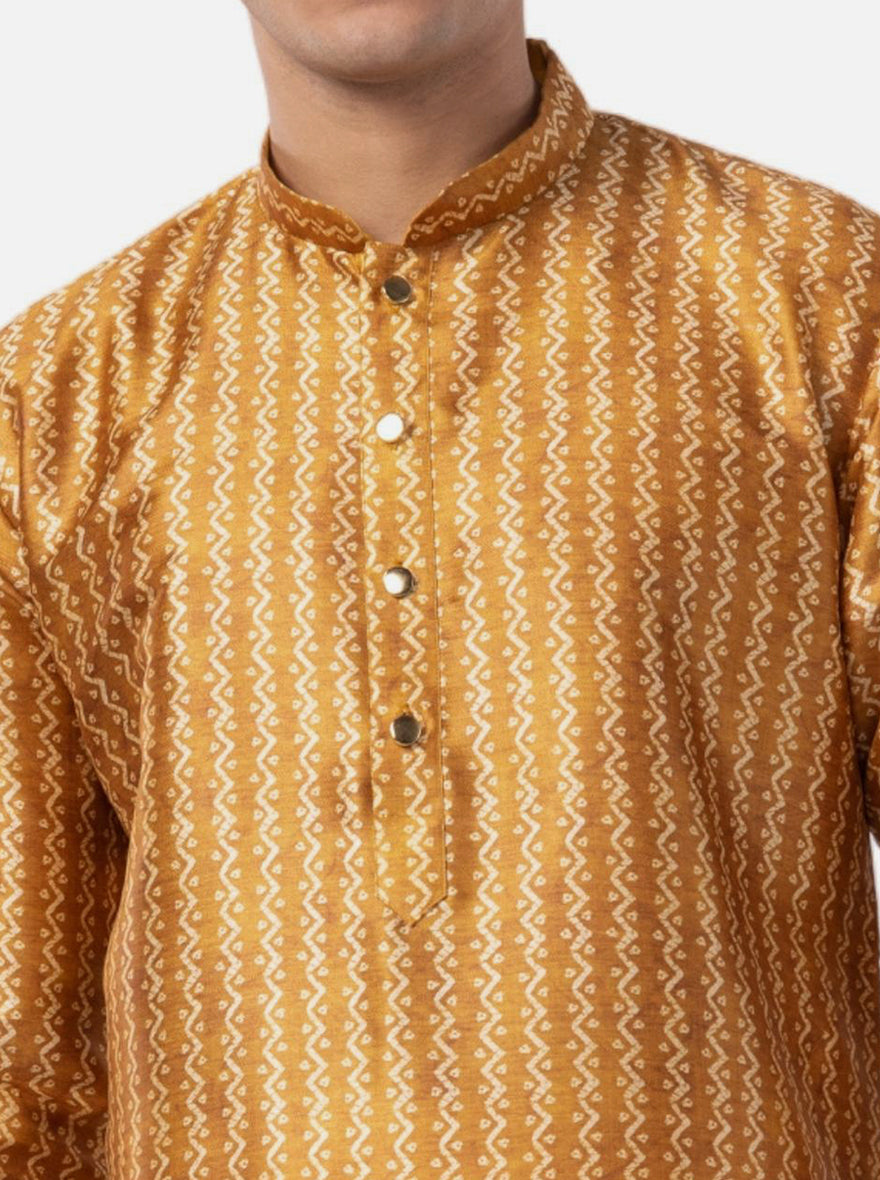 Mustard Yellow & Cream Printed Silk Blend Kurta | The Kurta Company