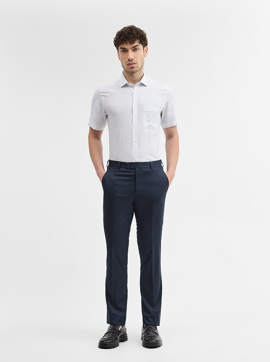 Peacock Blue Solid Slim Fit Formal Trouser | JadeBlue Super Luxe