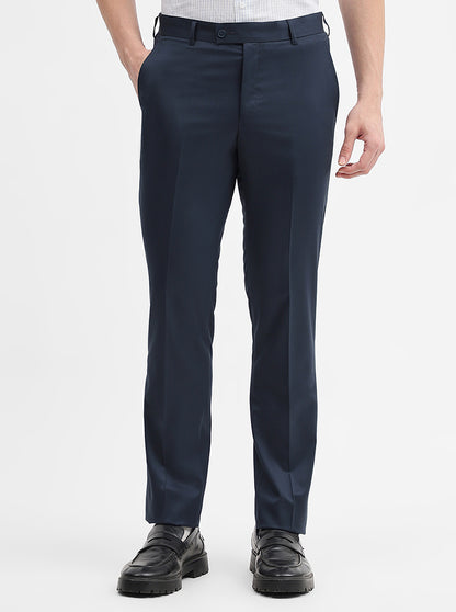 Peacock Blue Solid Slim Fit Formal Trouser | JadeBlue Super Luxe