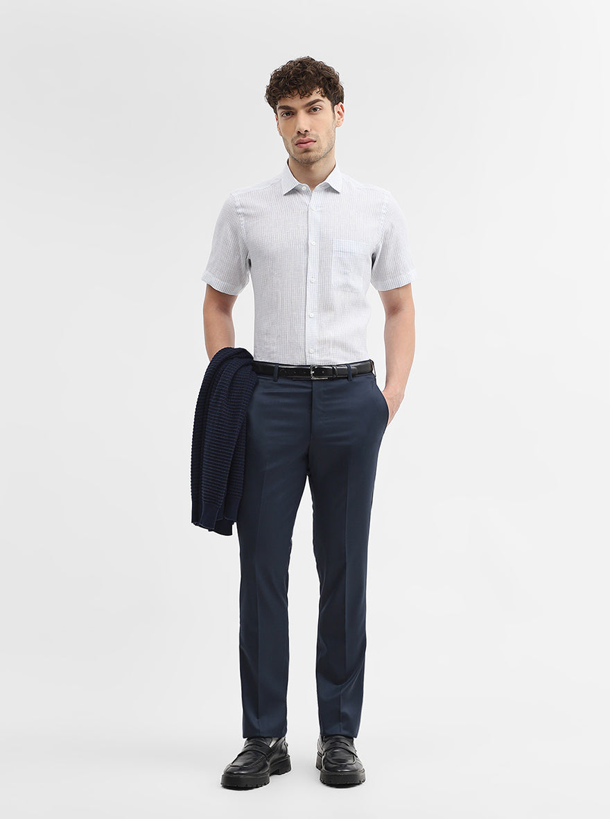 Peacock Blue Solid Slim Fit Formal Trouser | JadeBlue Super Luxe