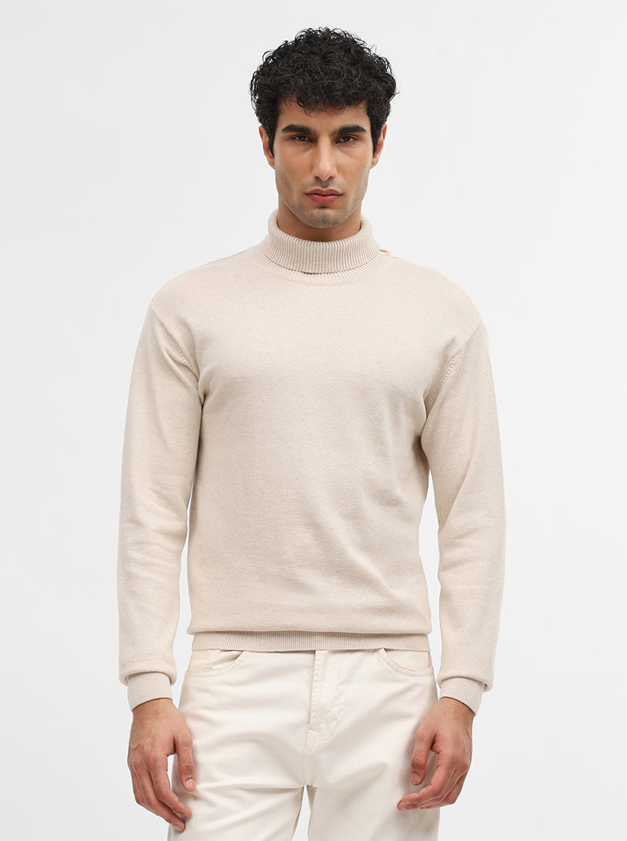 Beige Solid Slim Fit Winter T-Shirt | JadeBlue
