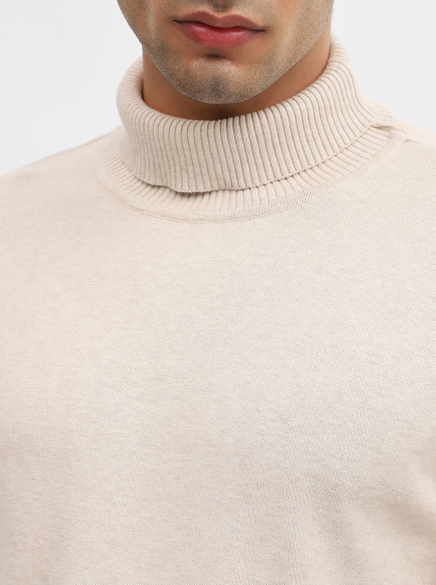 Beige Solid Slim Fit Winter T-Shirt | JadeBlue