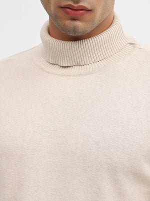 Beige Solid Slim Fit Winter T-Shirt | JadeBlue