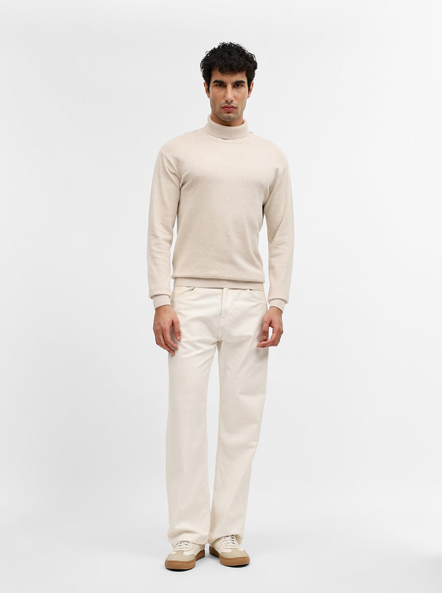 Beige Solid Slim Fit Winter T-Shirt | JadeBlue