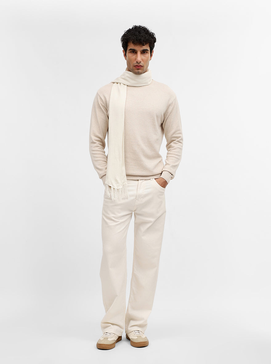 Beige Solid Slim Fit Winter T-Shirt | JadeBlue