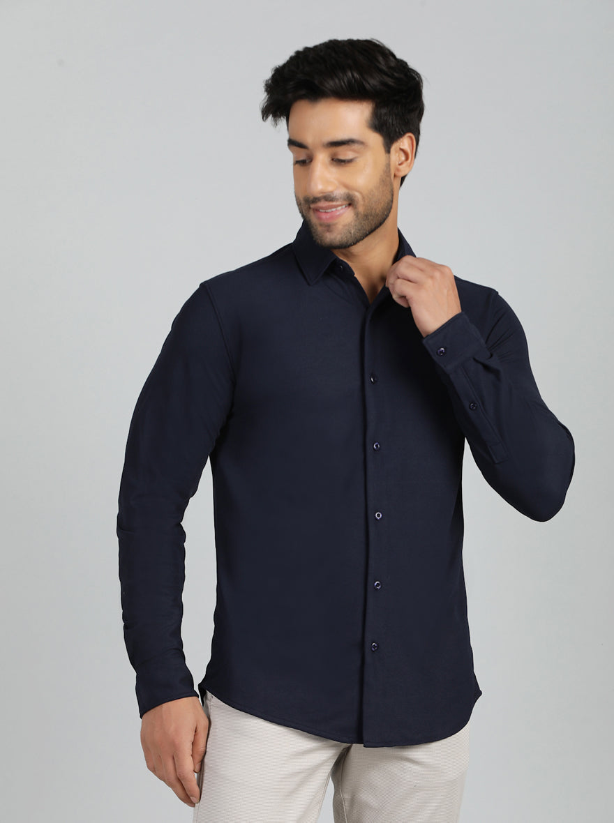 Navy Blue Solid Slim Fit Casual Shirt | JadeBlue