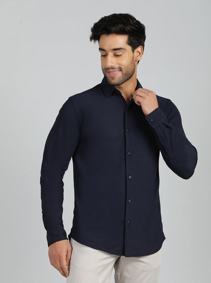 Navy Blue Solid Slim Fit Casual Shirt | JadeBlue