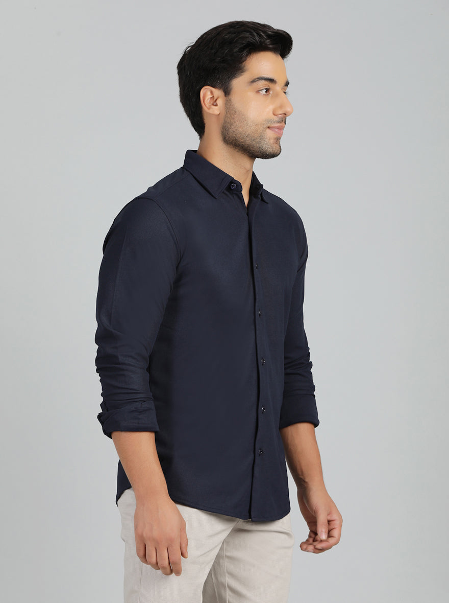 Navy Blue Solid Slim Fit Casual Shirt | JadeBlue
