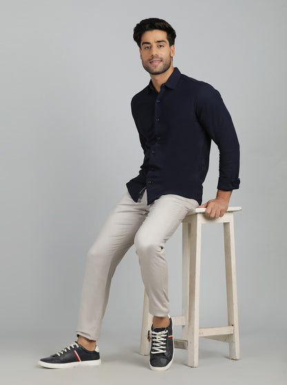 Navy Blue Solid Slim Fit Casual Shirt | JadeBlue