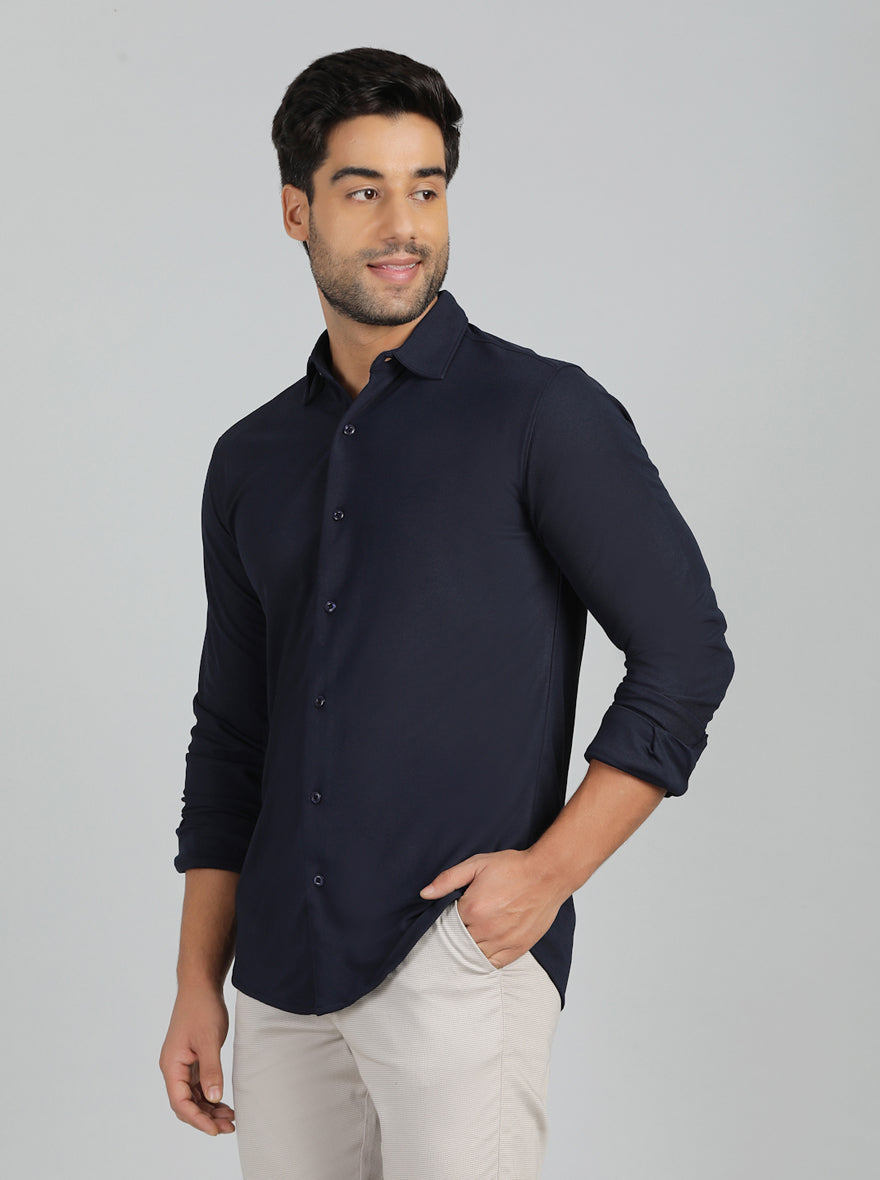 Navy Blue Solid Slim Fit Casual Shirt | JadeBlue
