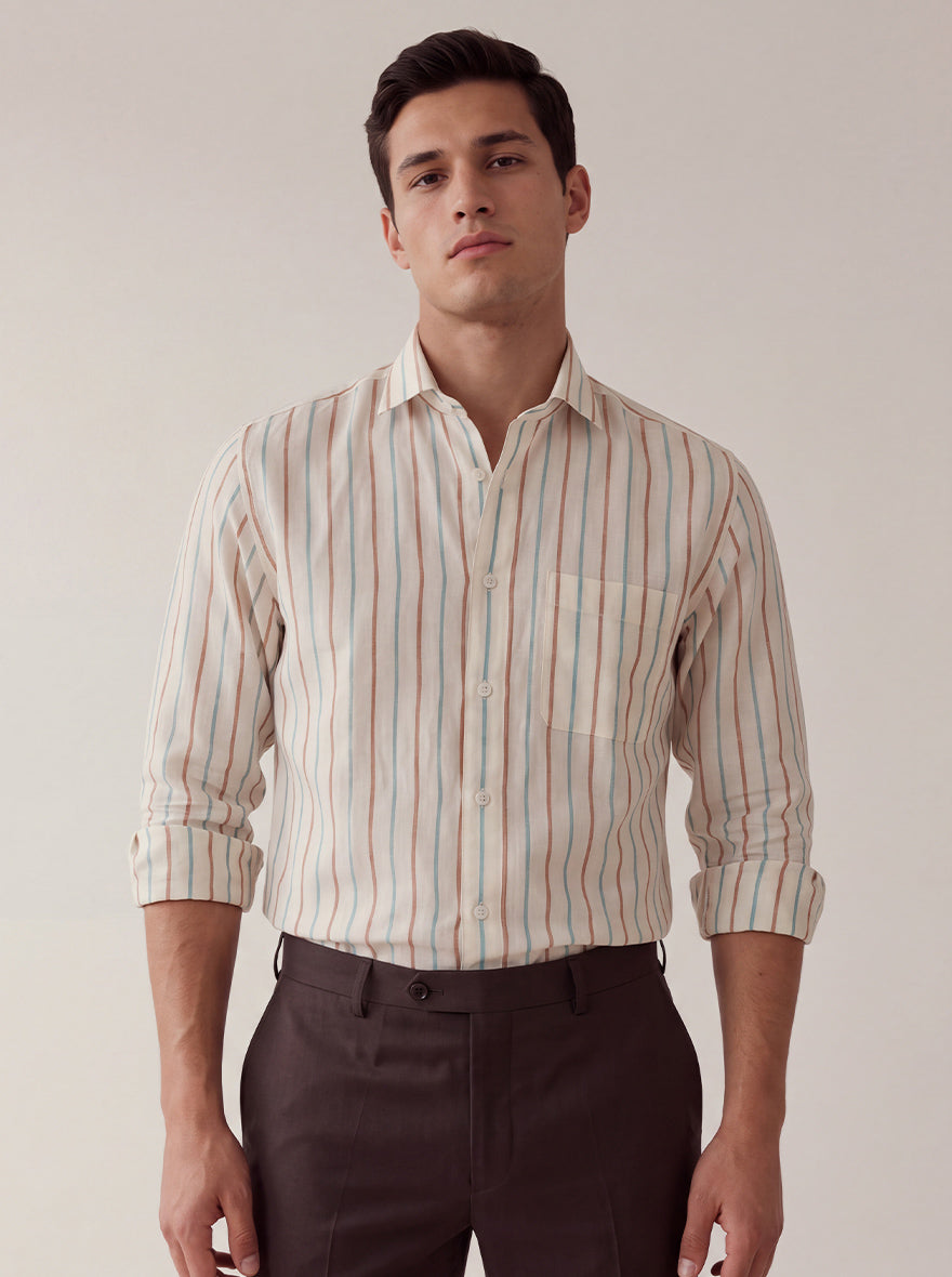 Brown & White Striped Slim Fit Formal Shirt | JadeBlue