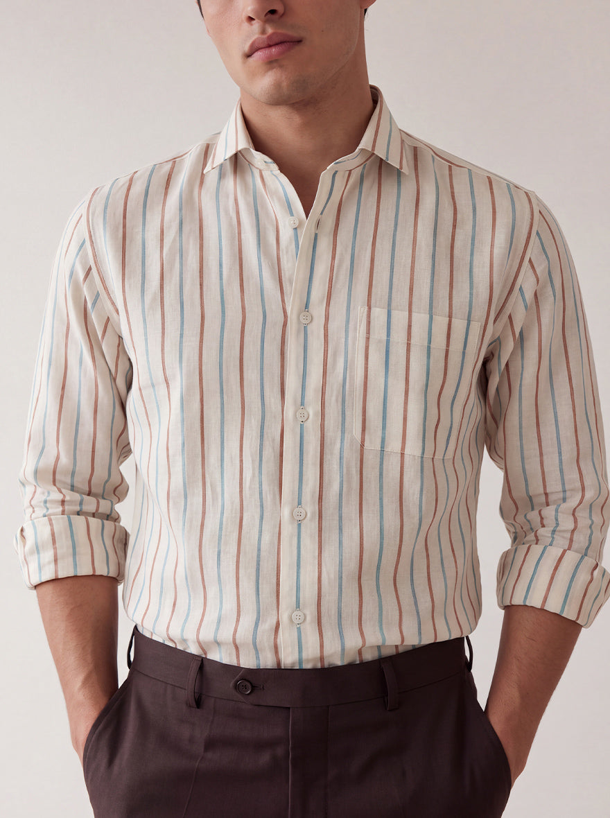 Brown & White Striped Slim Fit Formal Shirt | JadeBlue