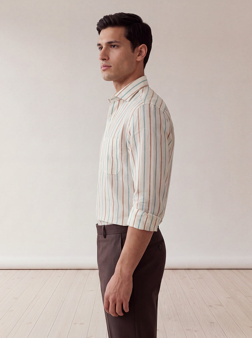 Brown & White Striped Slim Fit Formal Shirt | JadeBlue