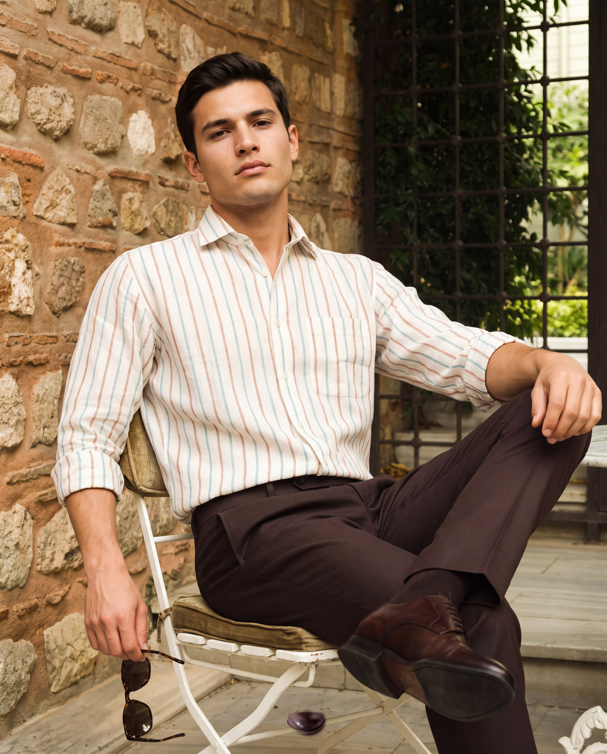 Brown & White Striped Slim Fit Formal Shirt | JadeBlue