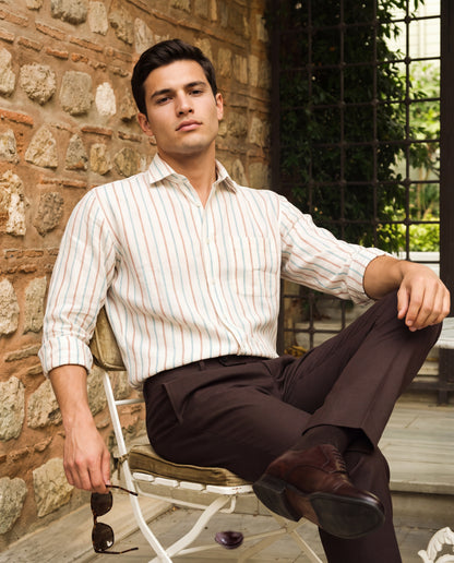Brown & White Striped Slim Fit Formal Shirt | JadeBlue