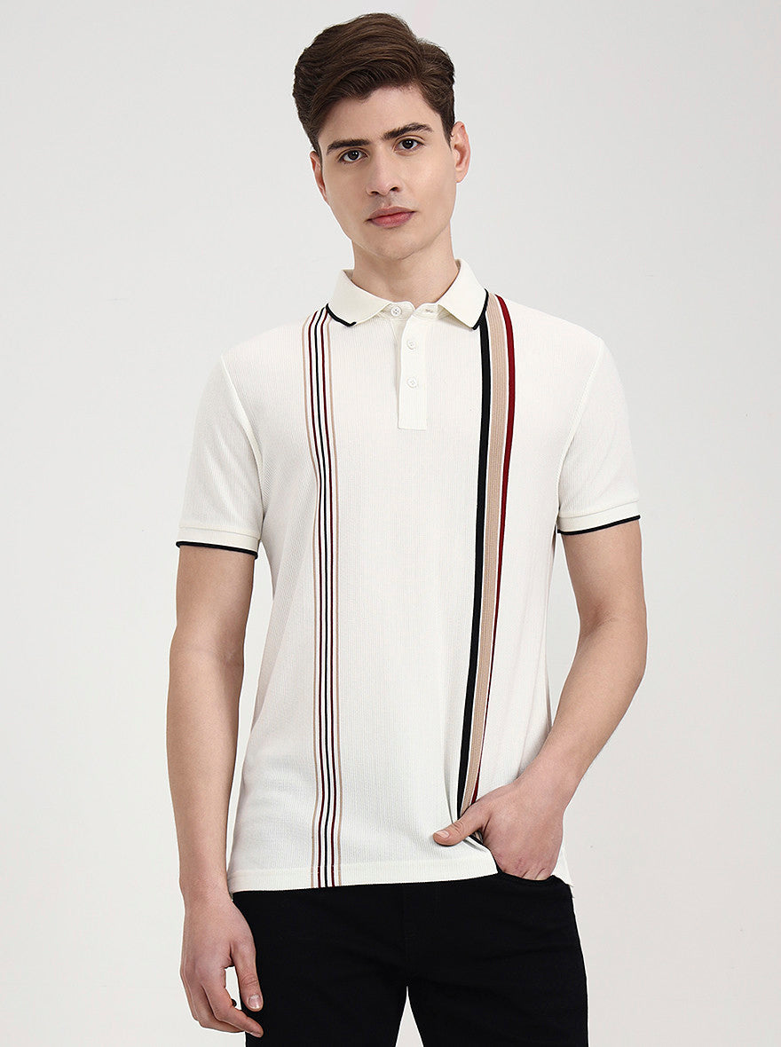 Off White & Red Striped Slim Fit Polo T-Shirt | JadeBlue