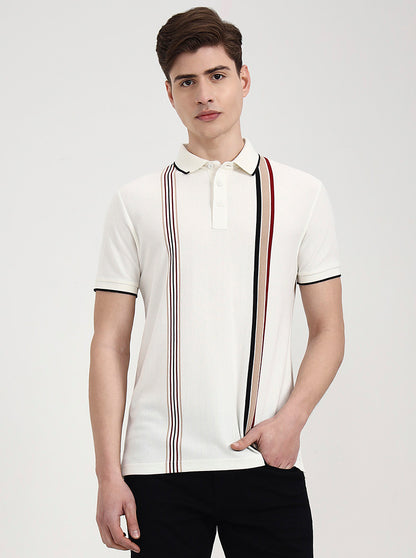 Off White & Red Striped Slim Fit Polo T-Shirt | JadeBlue