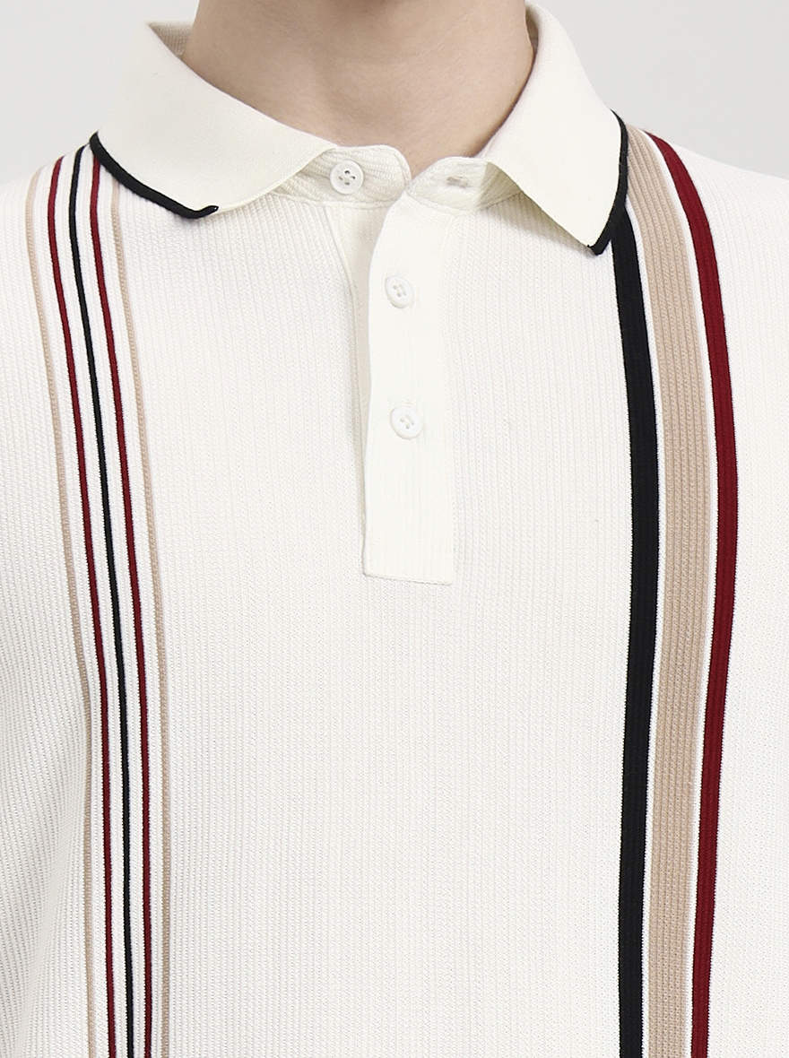 Off White & Red Striped Slim Fit Polo T-Shirt | JadeBlue