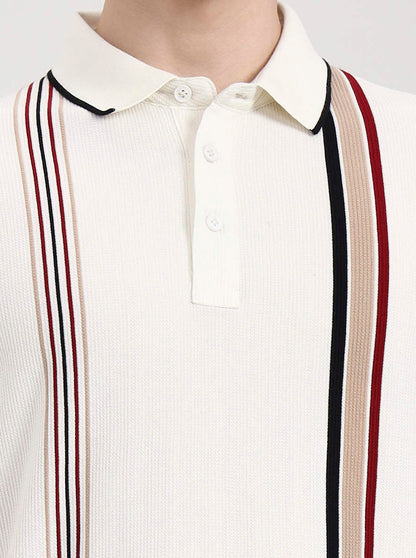 Off White & Red Striped Slim Fit Polo T-Shirt | JadeBlue