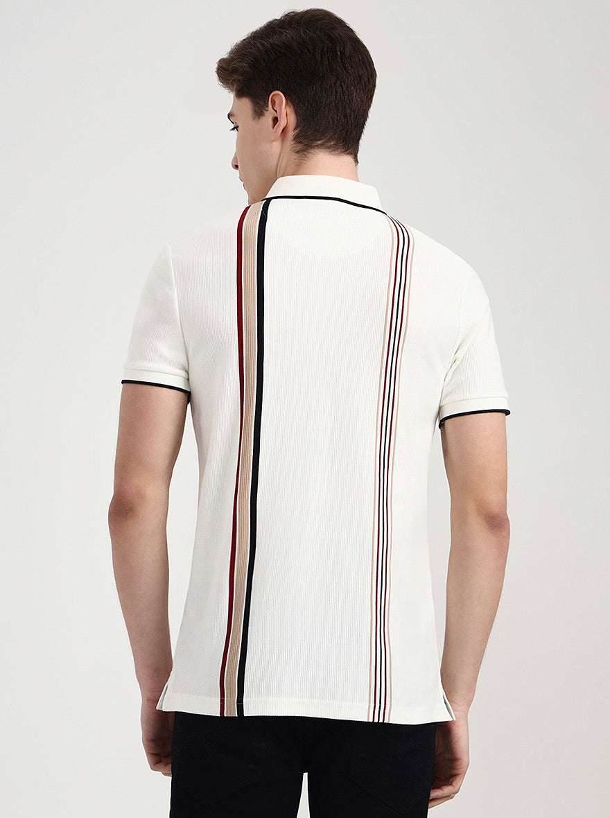 Off White & Red Striped Slim Fit Polo T-Shirt | JadeBlue