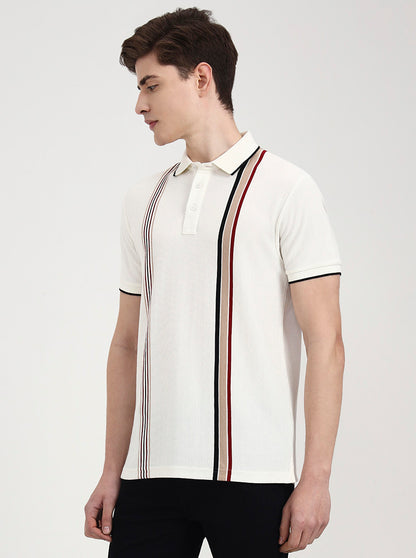 Off White & Red Striped Slim Fit Polo T-Shirt | JadeBlue