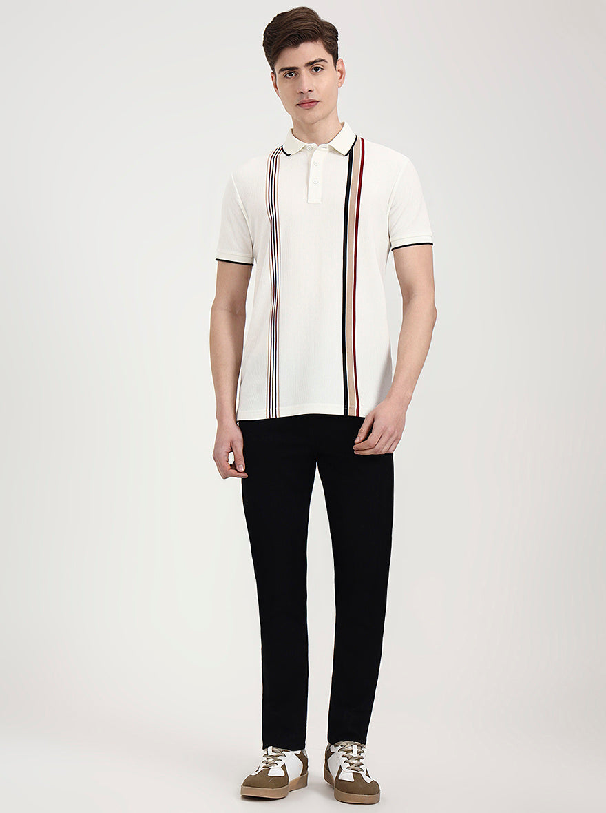 Off White & Red Striped Slim Fit Polo T-Shirt | JadeBlue