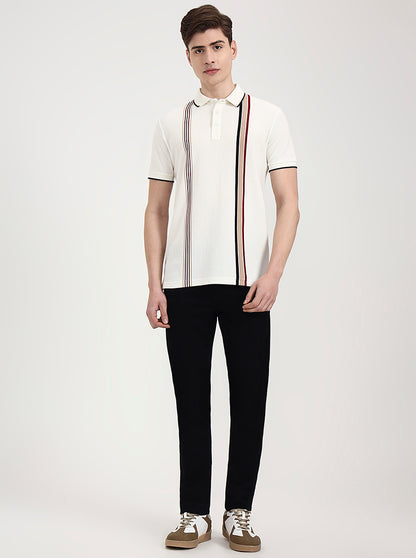 Off White & Red Striped Slim Fit Polo T-Shirt | JadeBlue