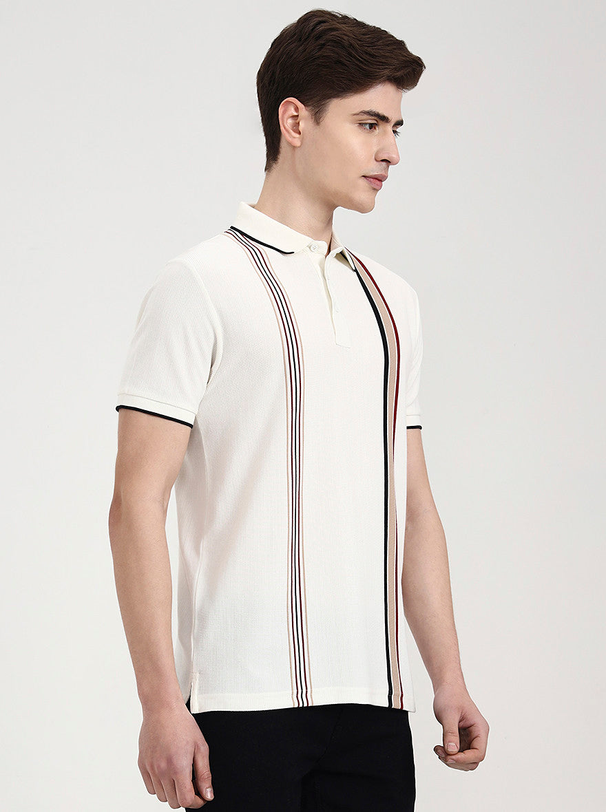 Off White & Red Striped Slim Fit Polo T-Shirt | JadeBlue
