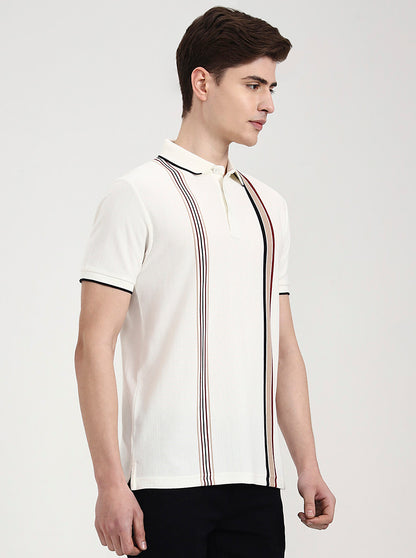 Off White & Red Striped Slim Fit Polo T-Shirt | JadeBlue