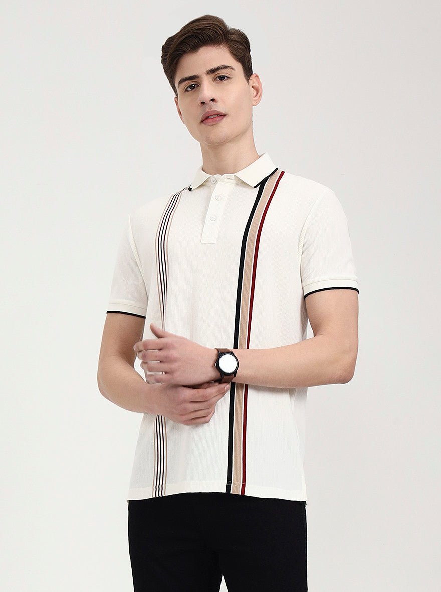 Off White & Red Striped Slim Fit Polo T-Shirt | JadeBlue