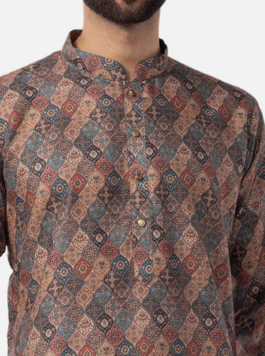 Khaki & Firoji Printed 100% Cotton Kurta | The Kurta Company