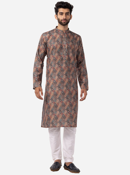 Khaki & Firoji Printed 100% Cotton Kurta | The Kurta Company