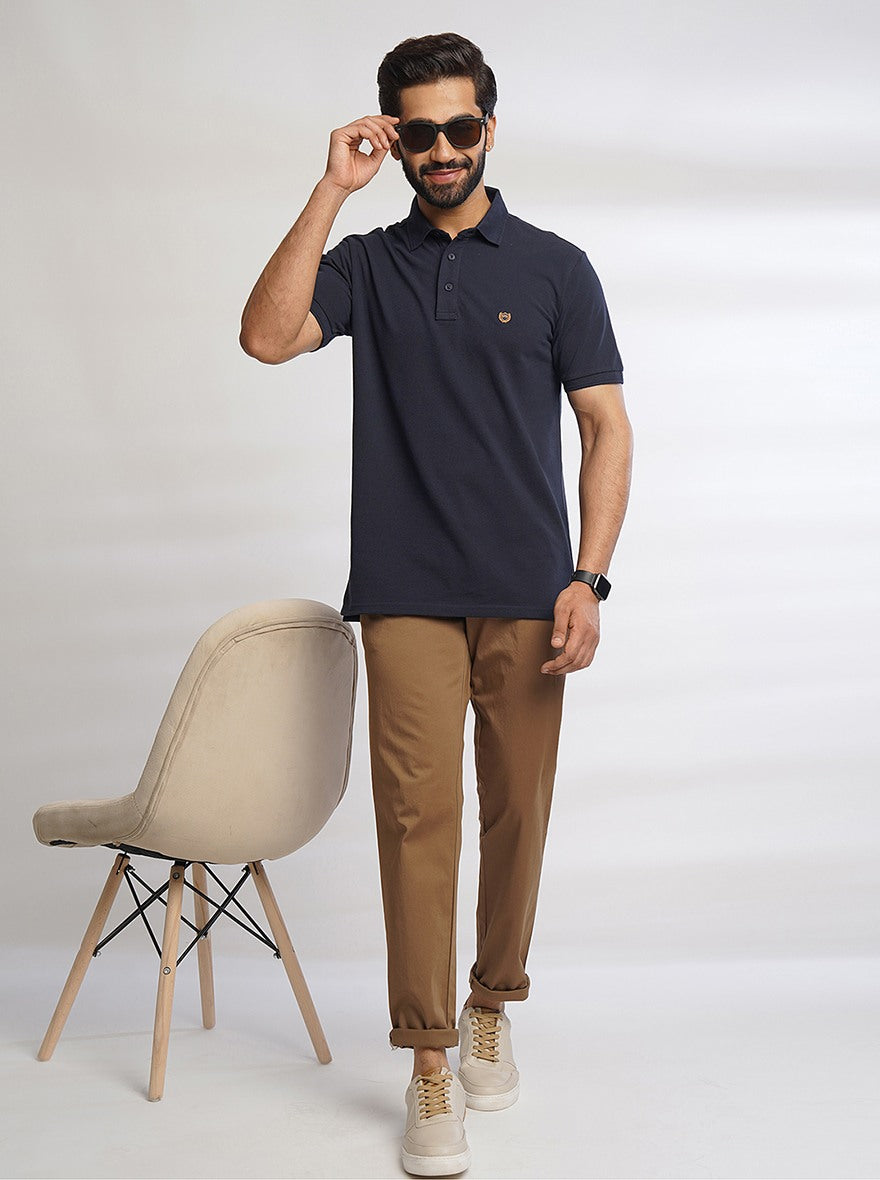 Navy Blue Solid Slim Fit Polo T-Shirt | JadeBlue