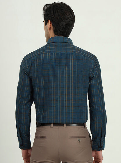 Navy Blue Checked Regular Fit Formal Shirt | Greenfibre