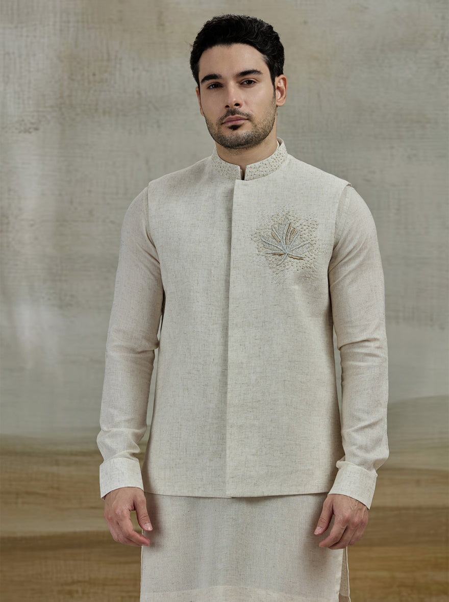 Natural Embroidered Kurta Pajama with Koti | TULA