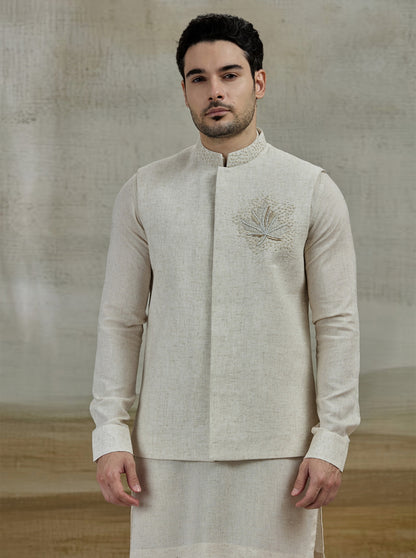 Natural Embroidered Kurta Pajama with Koti | TULA