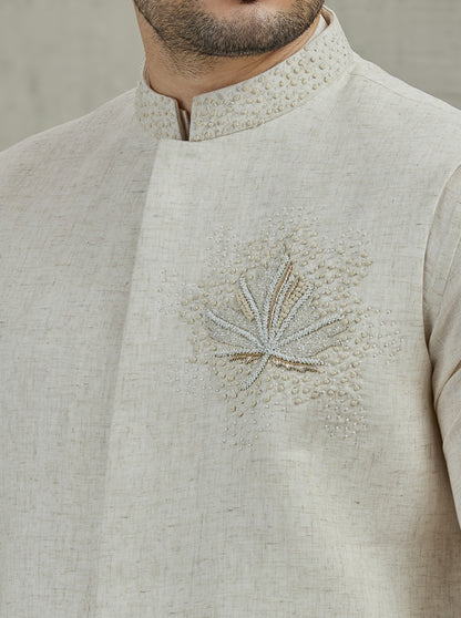 Natural Embroidered Kurta Pajama with Koti | TULA