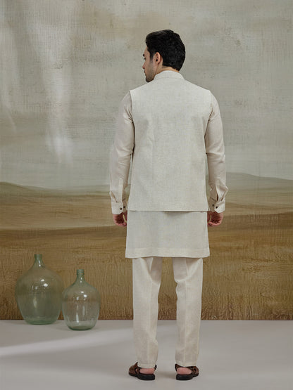 Natural Embroidered Kurta Pajama with Koti | TULA