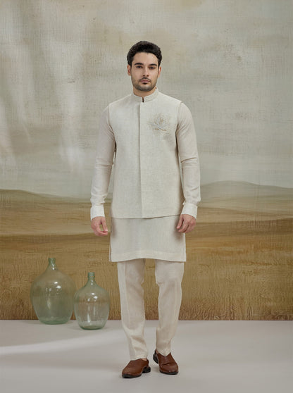 Natural Embroidered Kurta Pajama with Koti | TULA