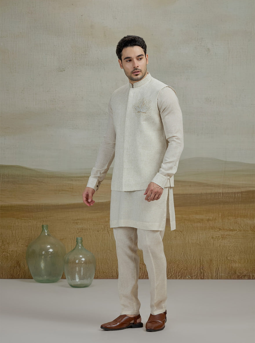 Natural Embroidered Kurta Pajama with Koti | TULA