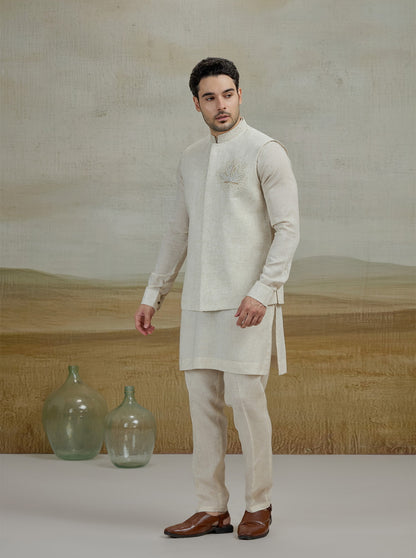 Natural Embroidered Kurta Pajama with Koti | TULA