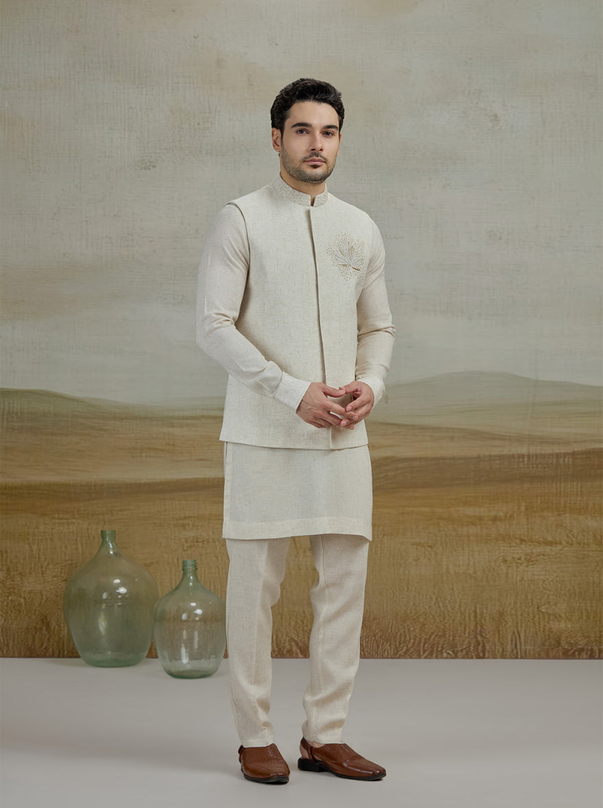 Natural Embroidered Kurta Pajama with Koti | TULA