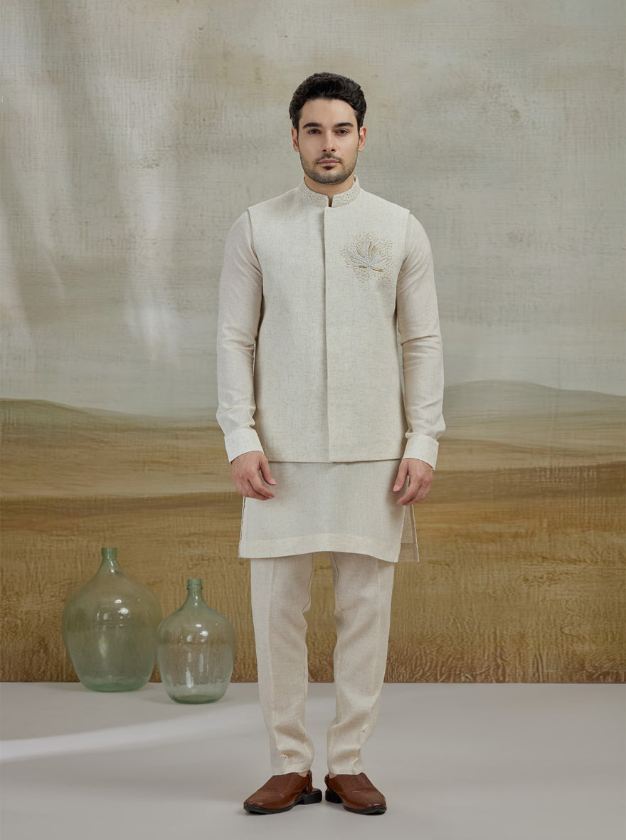 Natural Embroidered Kurta Pajama with Koti | TULA