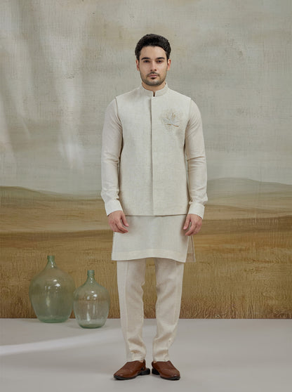 Natural Embroidered Kurta Pajama with Koti | TULA